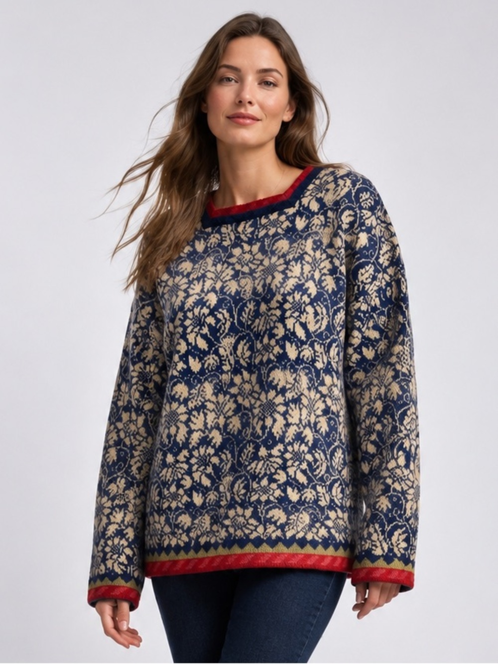 Oleana of Norway Wool Navy & Cream Floral Sweater with Red, Green Trim L/XL